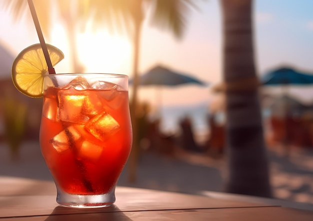 Beer red cocktail and tropical drink with sea at a sunny day in summer