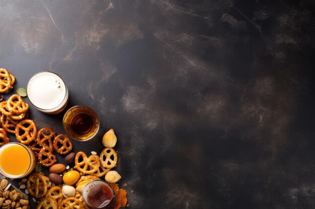 Beer and snacks on a stone tabletop Assorted nuts chips pretzels Overhead view with room for text