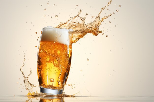 Beer splashing out of a glass on a white background with copy space