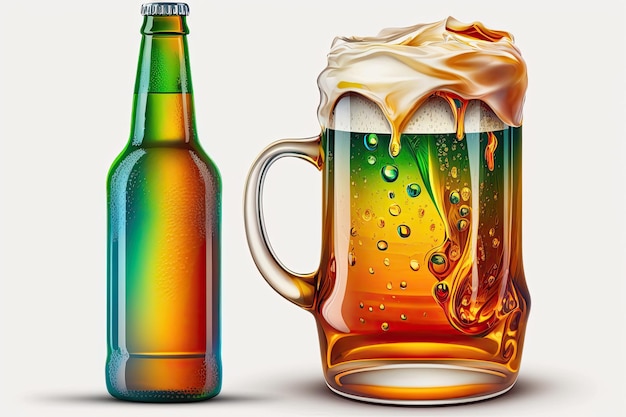 Пивная кружка с красочной иллюстрацией стеклянной бутылки Бутылка пива и стекло на белом фоне