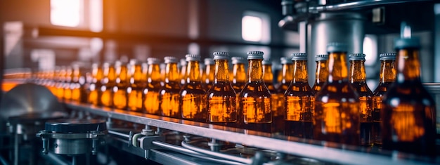 Nastro per birra nei prodotti dell'industria alimentare pronti per l'imballaggio automatico concetto con produzione alimentare automatizzata ai generativa