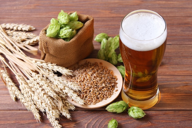 Beer wheat and hops on the table