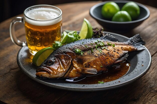 Photo beer with a plate of blackened catfish