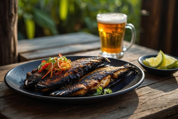 Photo beer with a plate of blackened catfish