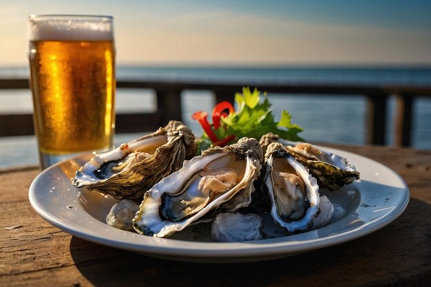 Photo beer with a plate of charbroiled oysters