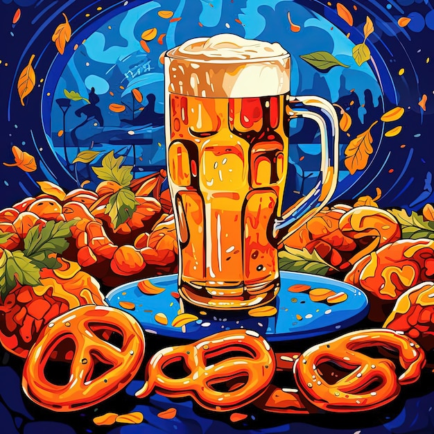пиво с кренделем и листьями на столе в октябре в стиле упрощенного векторного искусства