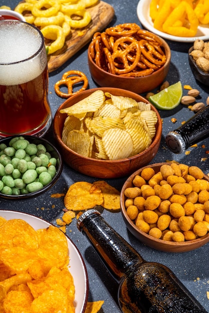 Beer with various snacks