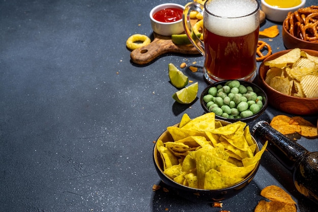 Beer with various snacks