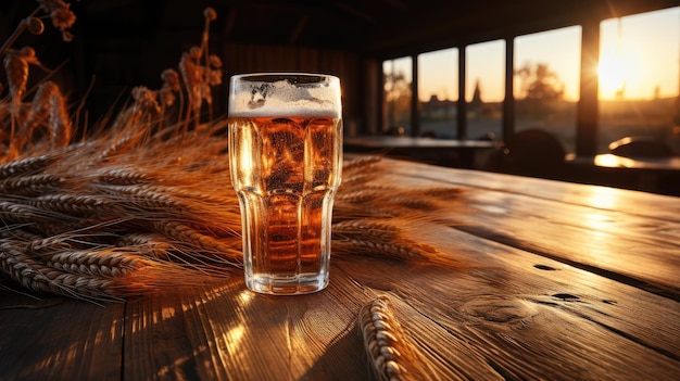 Beer With Wheat On Wooden Table