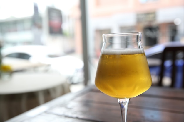 Beer on wood background