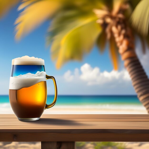 Photo beer on wooden table with blurred beach background