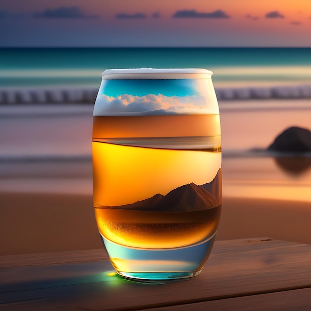 Beer on wooden table with blurred beach background