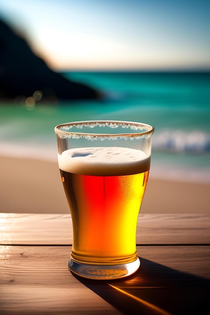 Beer on wooden table with blurred beach background