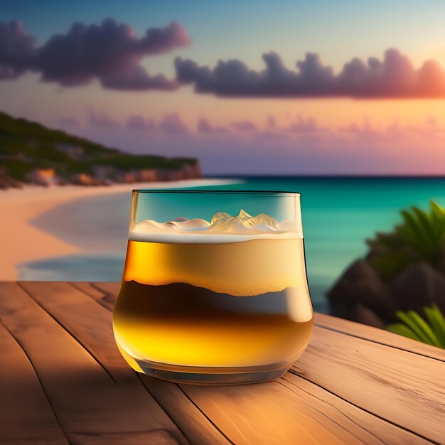 Beer on wooden table with blurred beach background