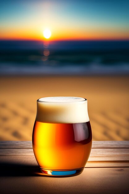 Beer on wooden table with blurred beach background