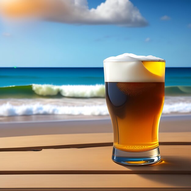 Beer on wooden table with blurred beach background