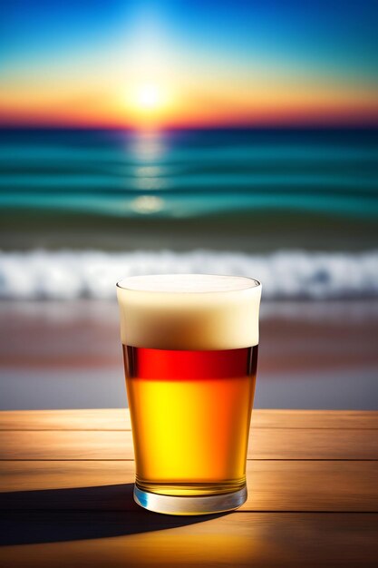 Beer on wooden table with blurred beach background