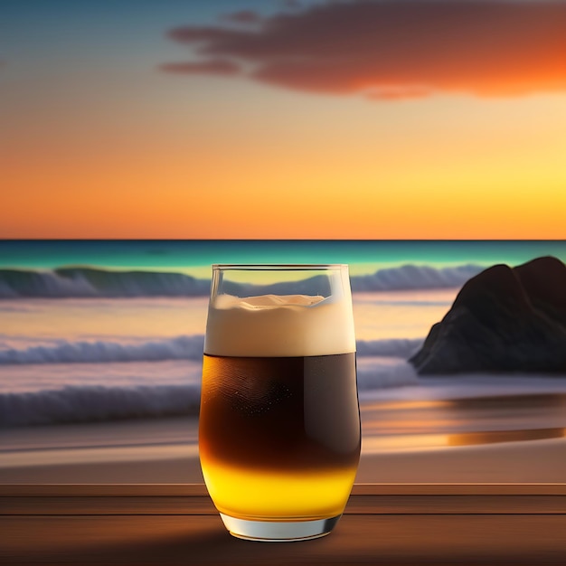 Beer on wooden table with blurred beach background