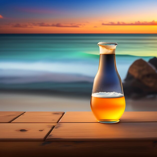 Beer on wooden table with blurred beach background