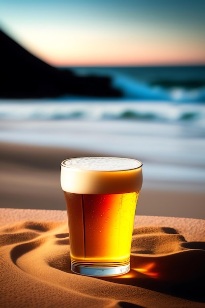 Beer on wooden table with blurred beach background