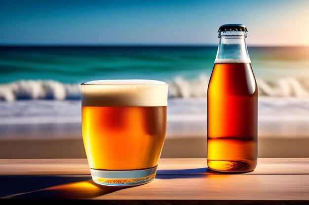 Beer on wooden table with blurred beach background