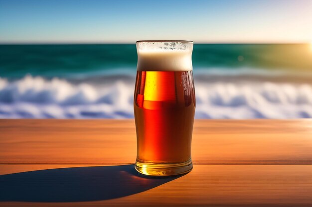 Beer on wooden table with blurred beach background