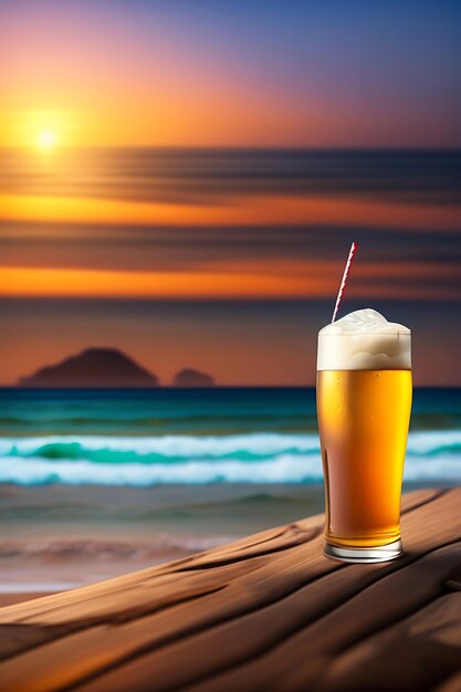 Beer on wooden table with blurred beach background