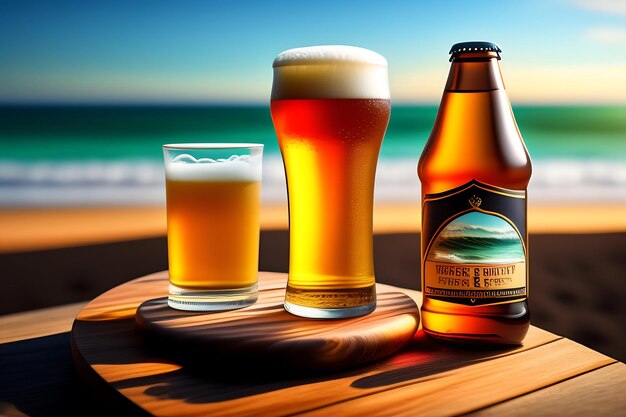 Beer on wooden table with blurred beach background