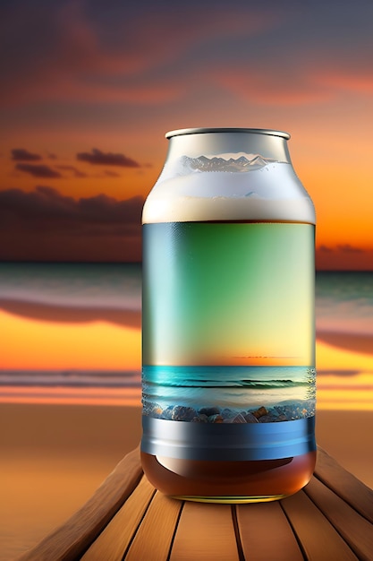 Beer on wooden table with blurred beach background