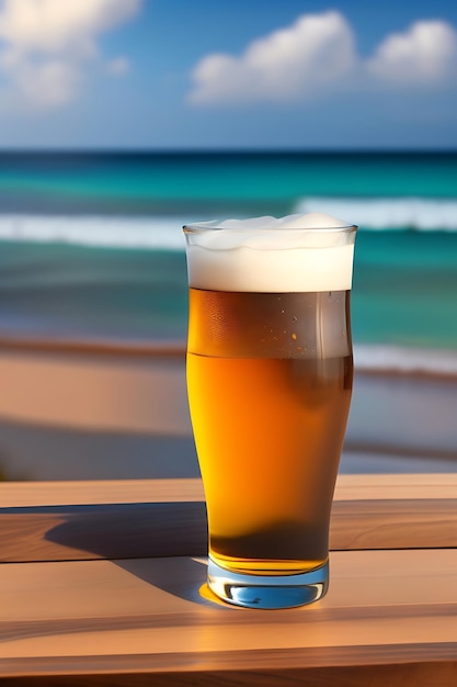 해변 배경이 흐릿한 나무 테이블에 있는 맥주