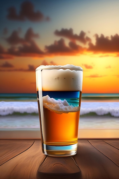 Beer on wooden table with blurred beach background