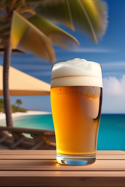 Beer on wooden table with blurred beach background