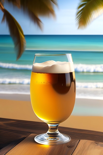 Beer on wooden table with blurred beach background