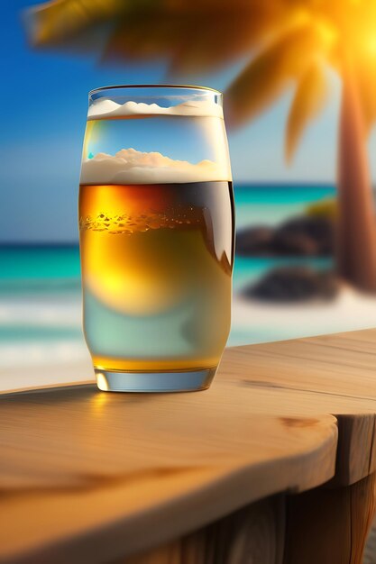 Photo beer on wooden table with blurred beach background