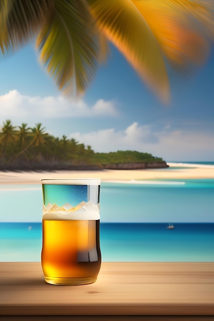 Beer on wooden table with blurred beach background