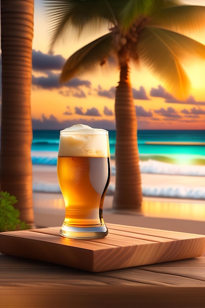 Beer on wooden table with blurred beach background