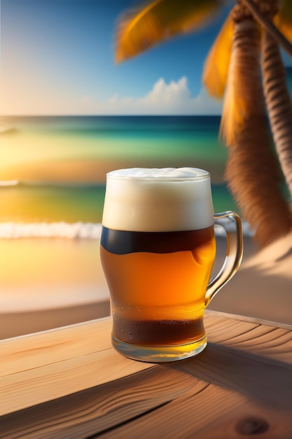 Beer on wooden table with blurred beach background