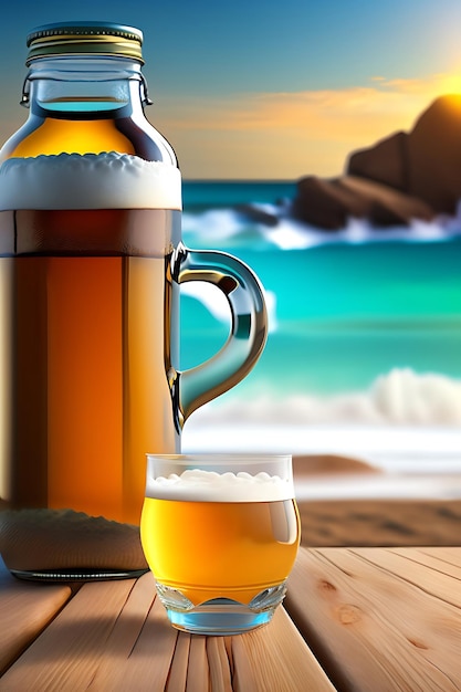 Beer on wooden table with blurred beach background