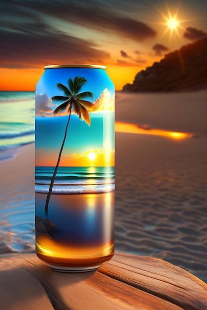 Beer on wooden table with blurred beach background