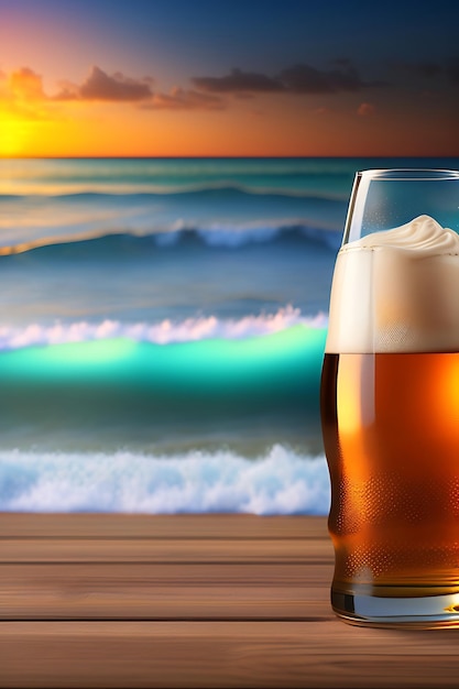 Beer on wooden table with blurred beach background