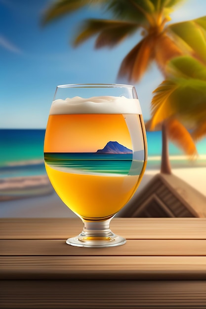 ぼやけたビーチの背景を持つ木製のテーブルの上のビール