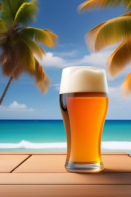 Beer on wooden table with blurred beach background