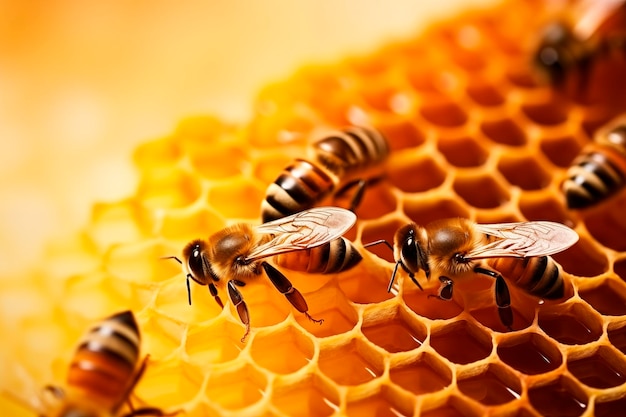 Bees actively working on a honeycomb their teamwork highlighting the intricate structure of the hiv