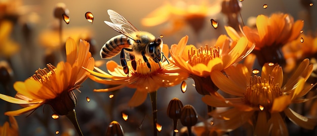 Bees Apis Mellifera on Helenium Flowers in Sunlight