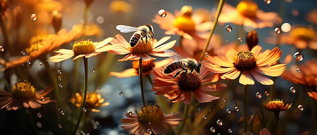 Bees Apis Mellifera on Helenium Flowers in Sunlight