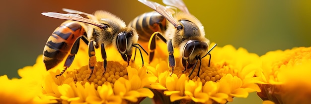 Bees apis mellifera on helenium flowersclose up