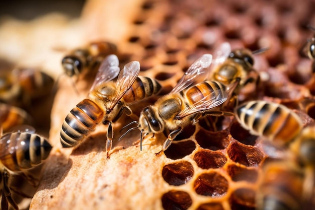 bees are being swarmed by honeycomb and a honeycomb.