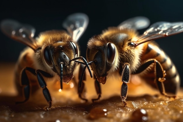 Bees are eating a piece of apple with a black background.