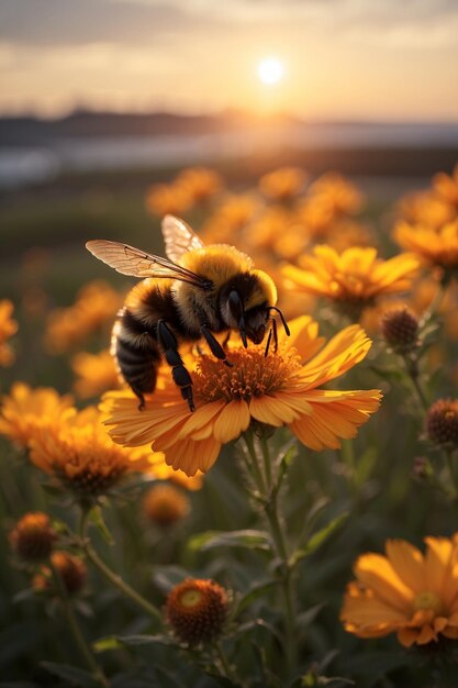 Photo bees are flying on yellow flowers