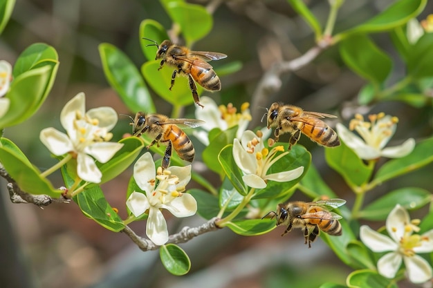 Bees buzzing around a flowering bush in a coastal beach area